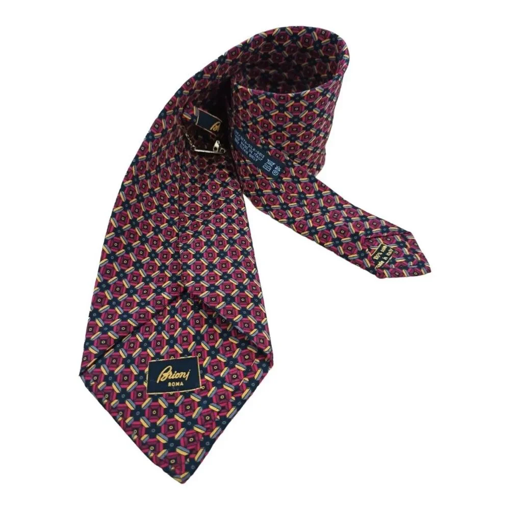 BRIONI Red Geometric Silk Tie HANDMADE ITALY 59